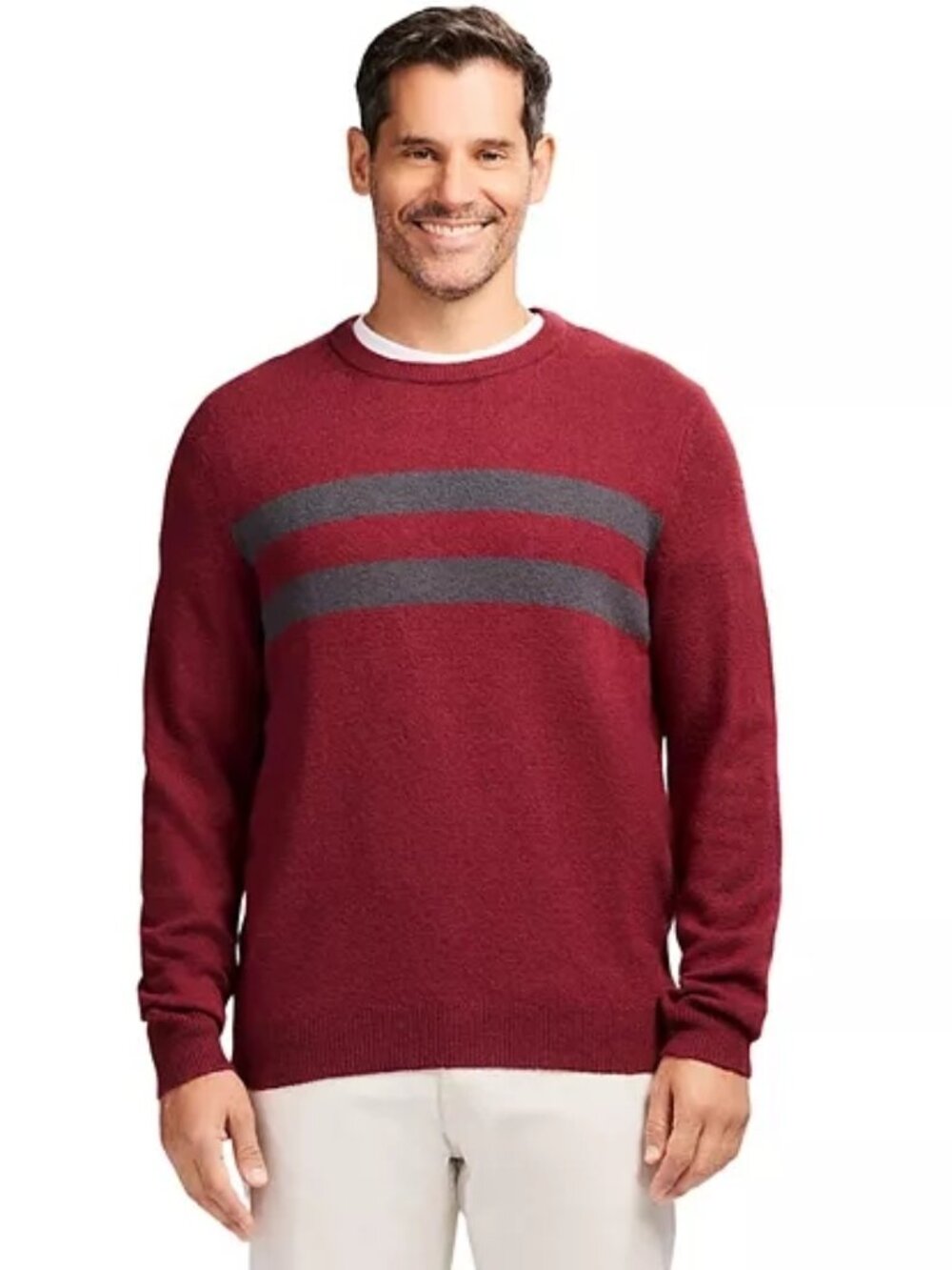 IZOD Men's Crewneck Sweater XL Velvet Maroon Gray Stripe Cotton Blend NWT